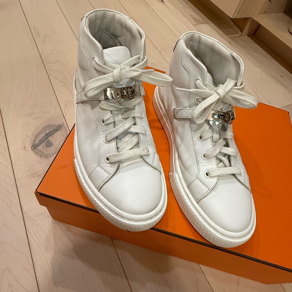 Hermes White High-Top Sneakers Minimalist Design